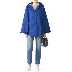 Deborah Lyons Blue Ruffled Memphis Cape Coat Hooded Jacket $809, Size 6